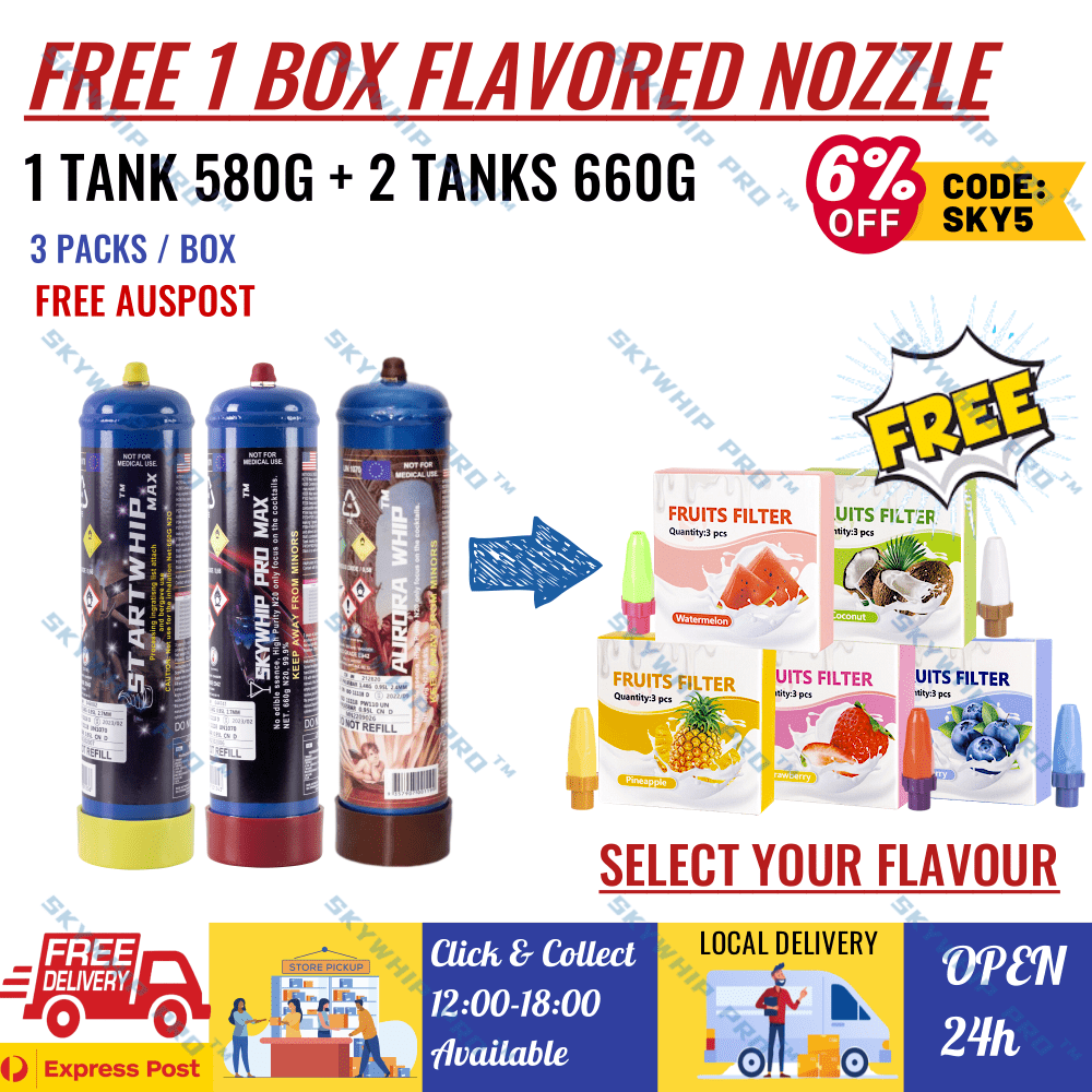 [FREE 1 BOX FLAVORED NOZZLE]- 1 X Startwhip 660g + 1 X Skywhip 660g + 1 X Aurora whip 580g Cream Chargers N2O + Nozzles