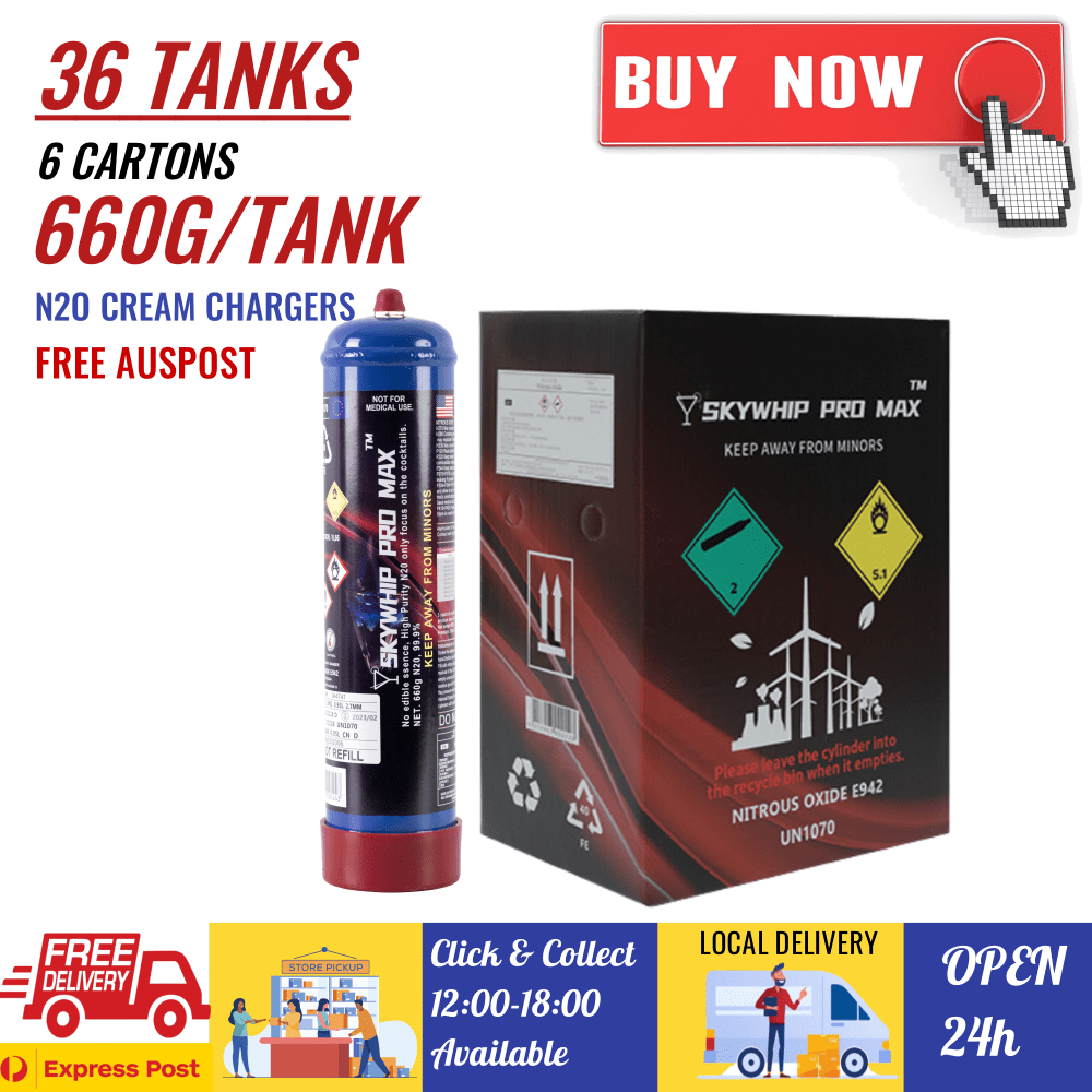 6 Cartons (36 Tanks)  [PM] Skywhip Pro Max 660g Cream Chargers N2O + Nozzle
