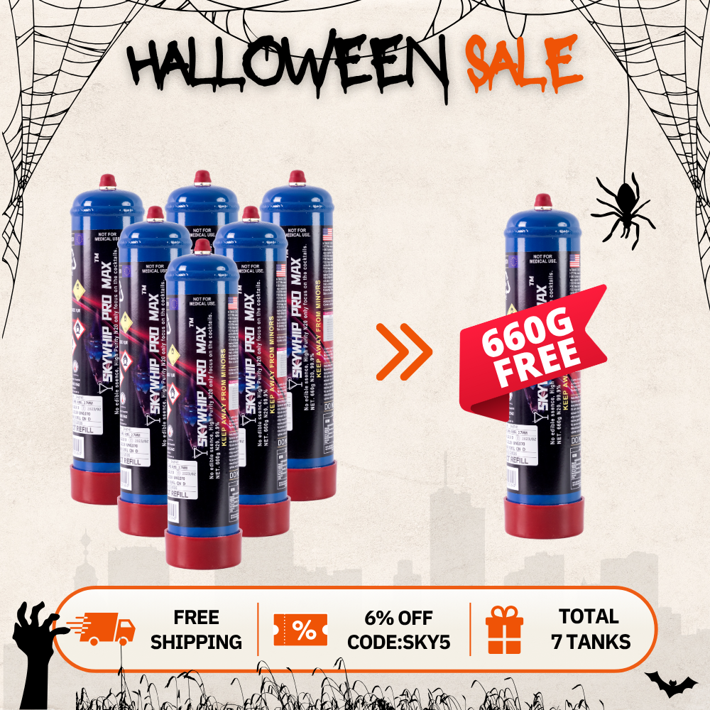 Total 7 Tanks - 6 x Skywhip pro +1 Free Skywhip pro 660g Cream Chargers N2O + Nozzles