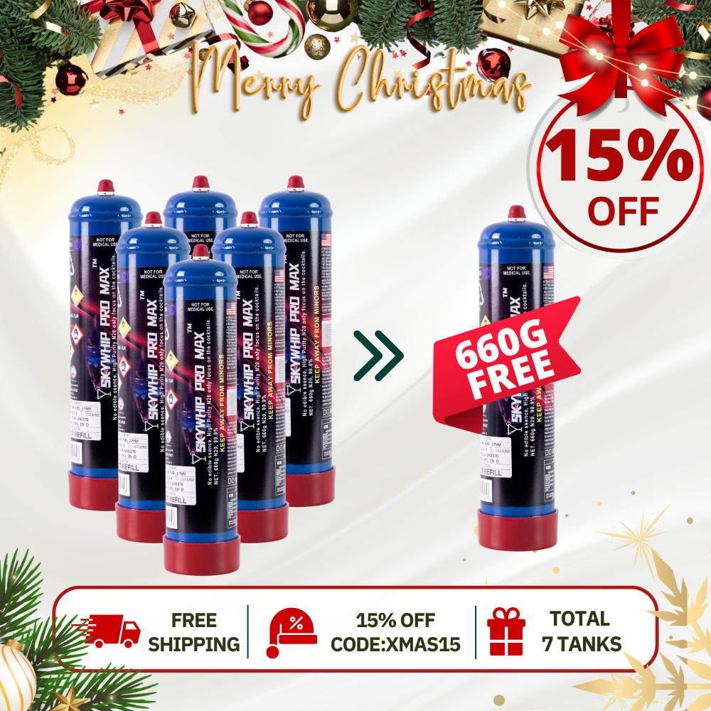 Total 7 Tanks - 6 x Skywhip pro +1 Free Skywhip pro 660g Cream Chargers N2O + Nozzles