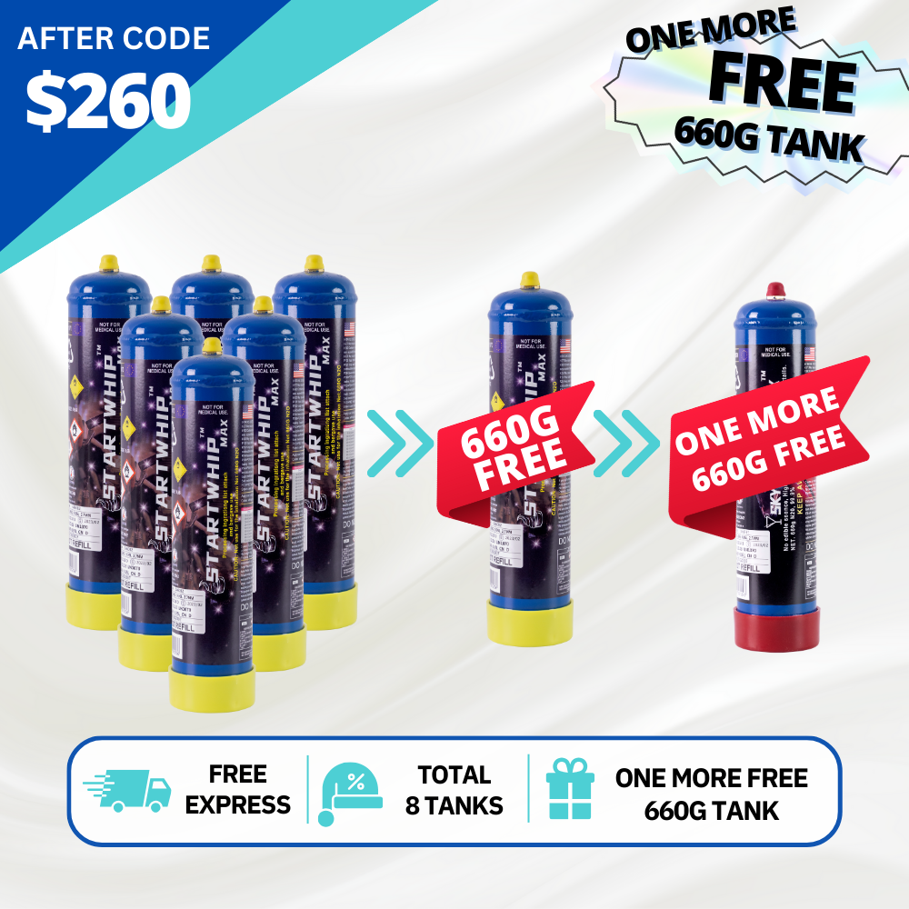 [Auto $60 Off] Total 8 Tanks - 7 x Startwhip Max +1 Free Skywhip Pro 660g Cream Chargers N2O + Nozzle