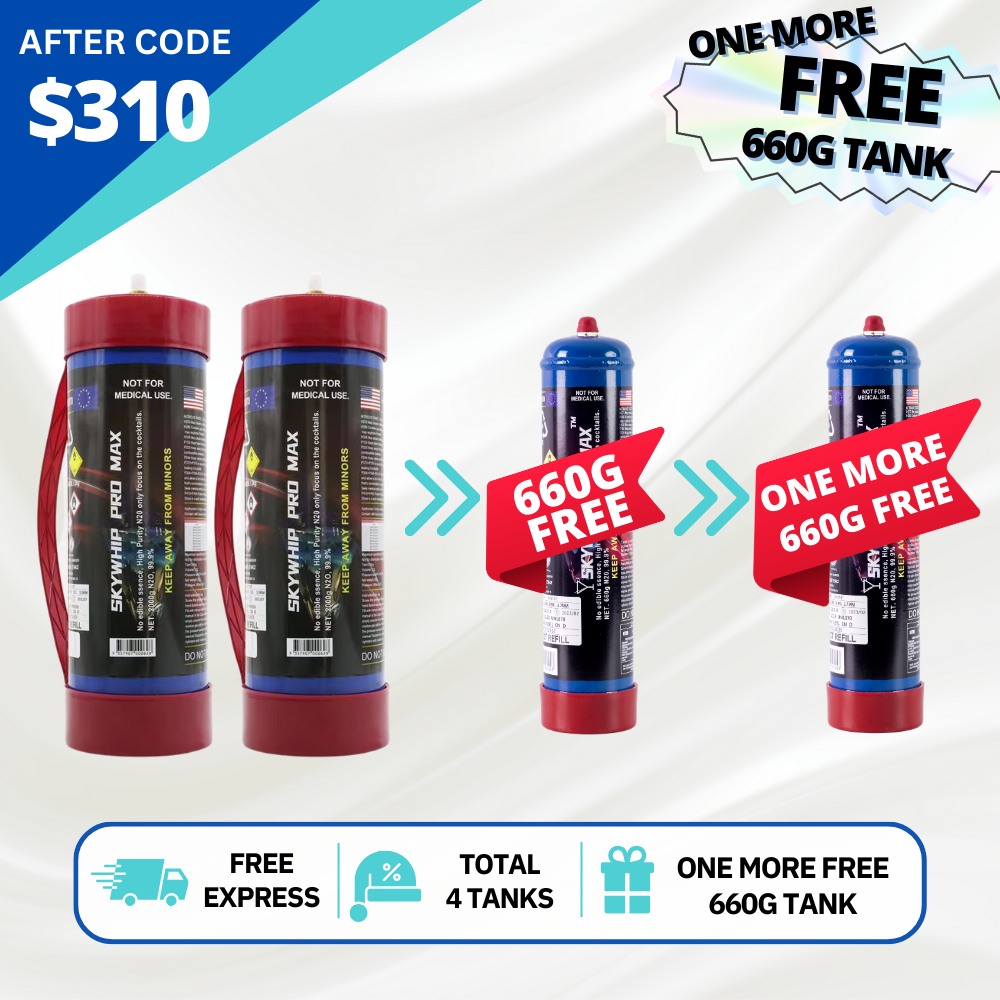 [Auto $60 Off] Total 4 Tanks - 2 x 3.3L + 1 x 660G Skywhip pro +1 Extra Free 660g Cream Chargers N20