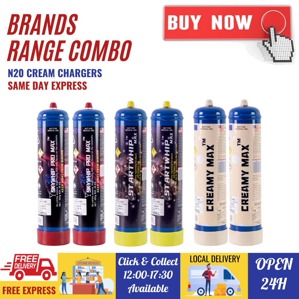 [BRANDS RANGE COMBO] - 2 X Startwhip + 2 X Skywhip + 2 X Creamy Max 660g Cream Chargers N2O + Nozzles