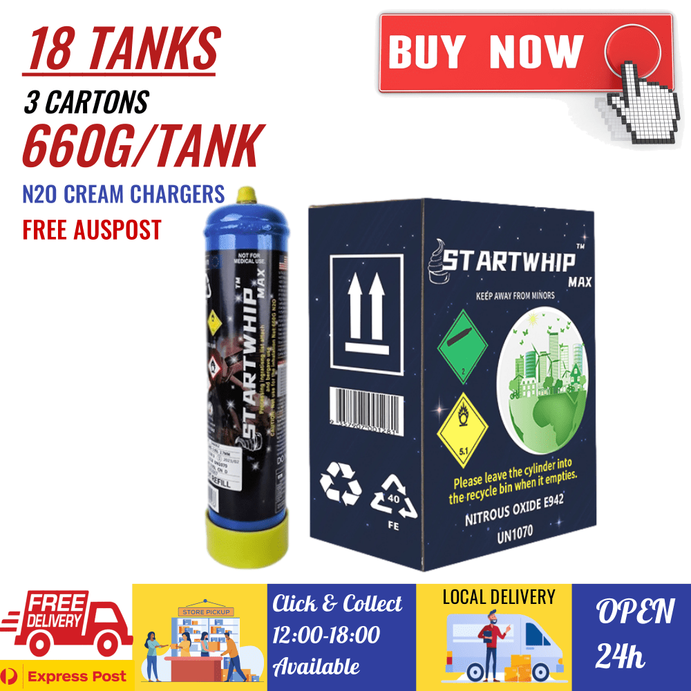 3 Cartons (18 Tanks) [SM] - Startwhip Max 660g Cream Chargers N2O + Nozzle