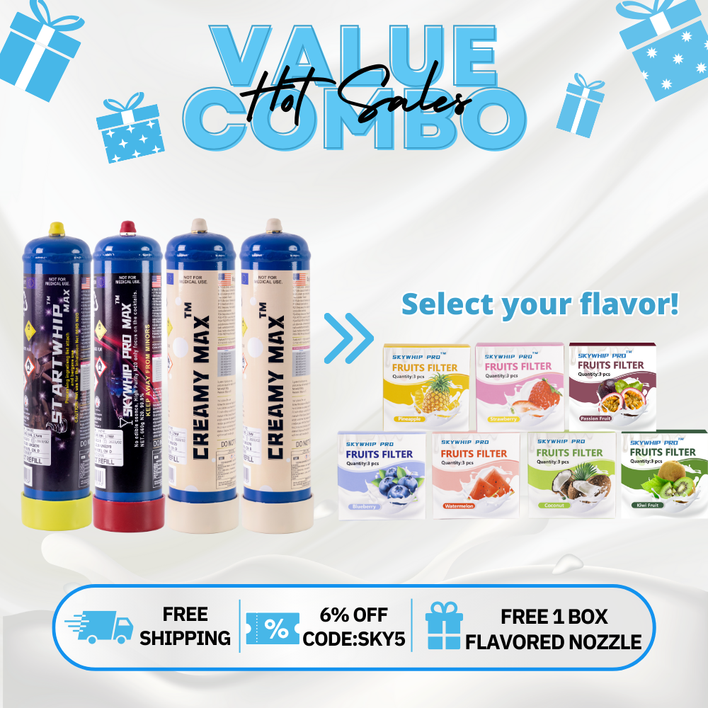 [FREE 1 BOX FLAVORED NOZZLE] 1 X Startwhip + 1 X Skywhip + 2 X Creamy Max 660g Cream Chargers N2O + Nozzles