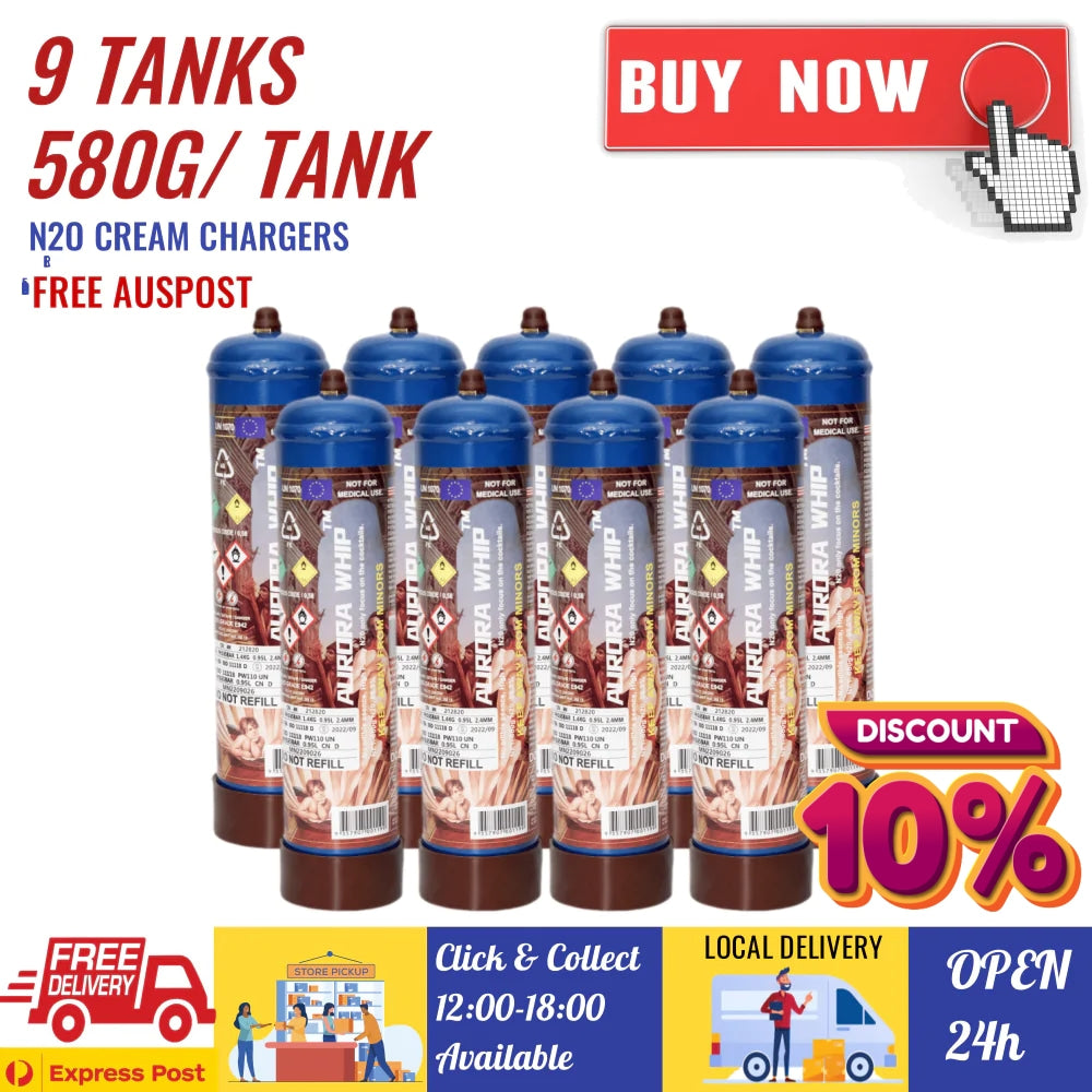 9 Tanks [AW] Aurora Whip 580g Cream Chargers N2O + Nozzles