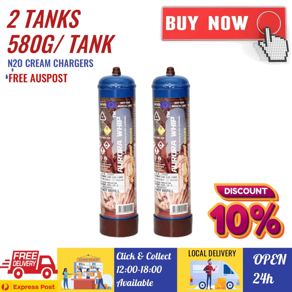 2 Tanks Aurora Whip 580g Cream Chargers N2O + Nozzles