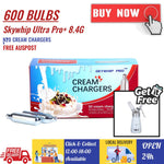 600 Bulbs Skywhip Pro+ 8.4g Whipped Cream Charger N2O + Free Whipper